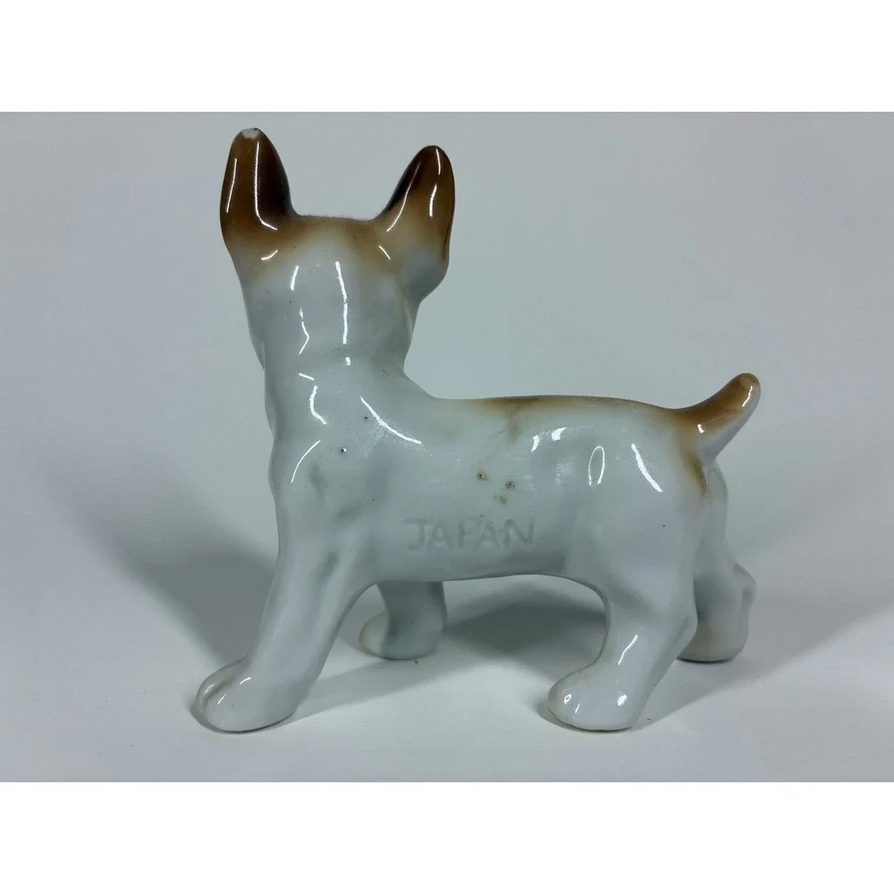 Vintage Japanese Porcelain French Bulldog Figurine White Brown Hand Painted